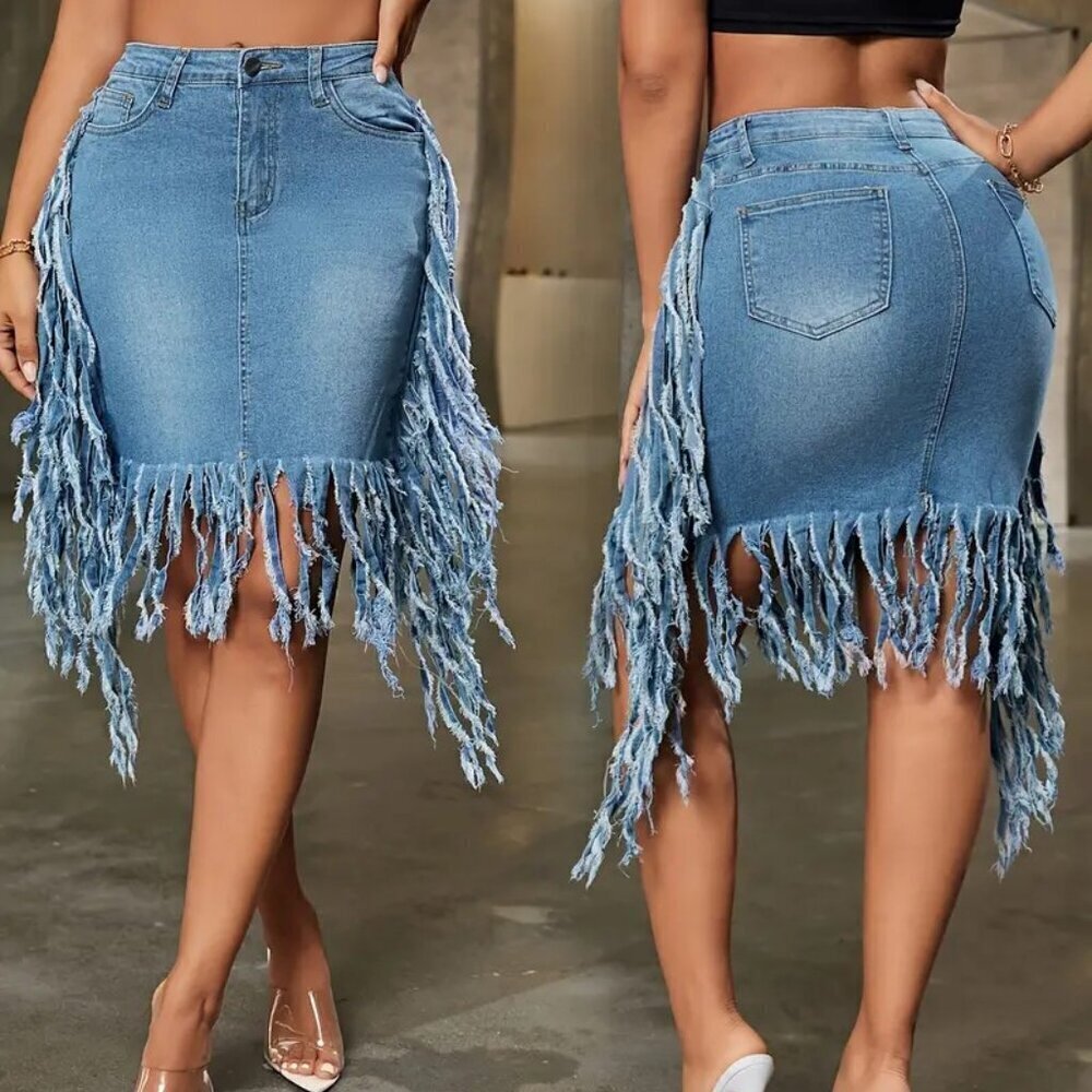 Fringe High Rise Bodycon Denim Skirt